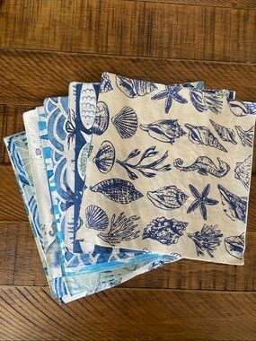 Blue Nautical Napkins Bundle Ocean Shells Fish Print Decoupage 3 x 12 Brand New